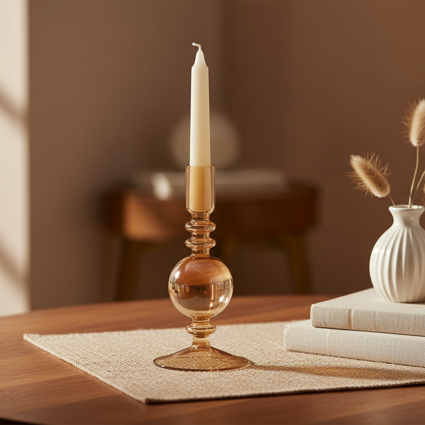Amber Transparent Glass Candle Holder 19cm