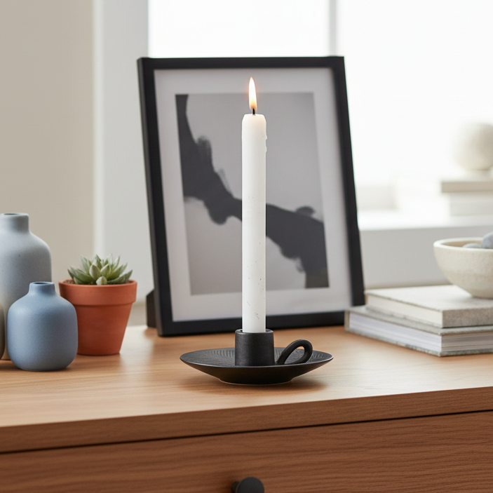 White candle in a black holder on a wooden surface with decor items.