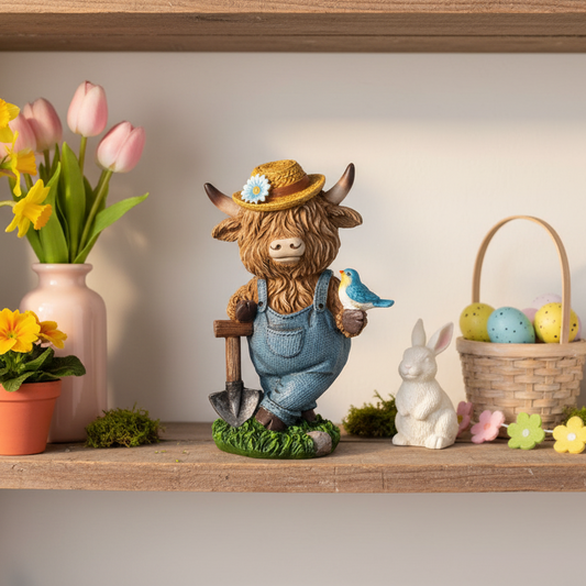 Decorative figurine of a cow in overalls with a basket of Easter eggs on a shelf.