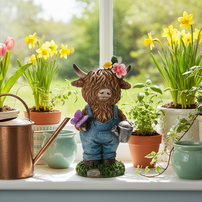 Gardening-themed figurine with a cow-like character holding flowers and a watering can, surrounded by potted plants on a windowsill.