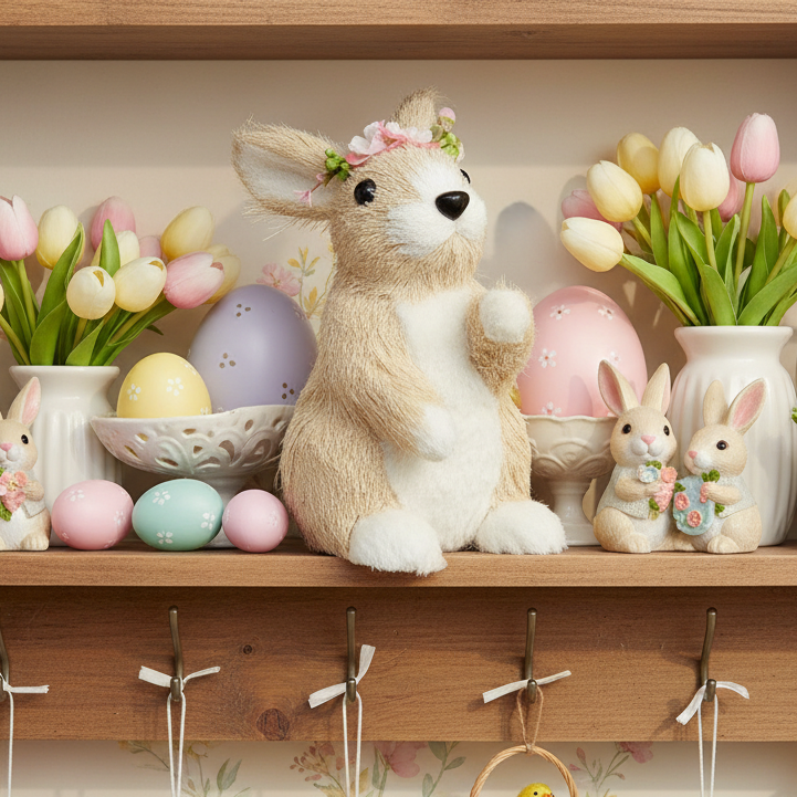 Plush rabbit with tulips and Easter eggs on a wooden shelf
