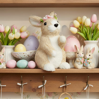 Plush rabbit with tulips and Easter eggs on a wooden shelf
