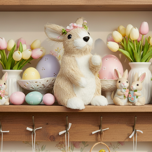 Plush rabbit with tulips and Easter eggs on a wooden shelf