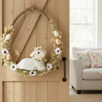 Decorative wreath with a sheep ornament and Easter eggs on a wooden door.