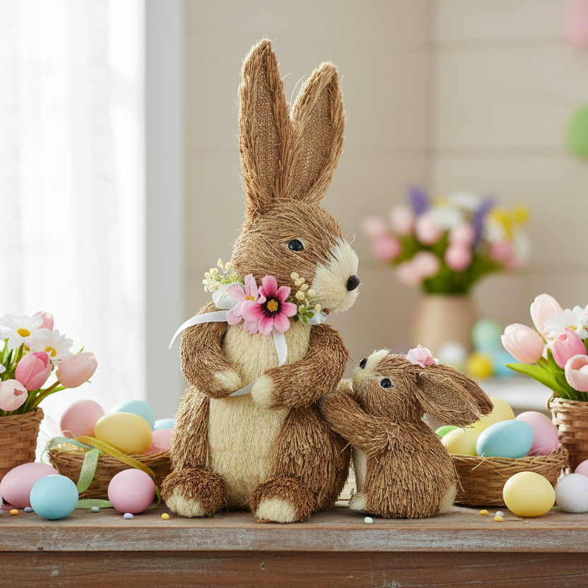 Set of 2 Mum And Baby Easter Bunny with Flowers Decoration