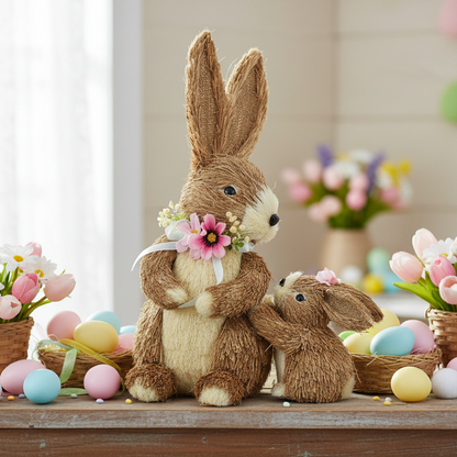 Set of 2 Mum And Baby Easter Bunny with Flowers Decoration