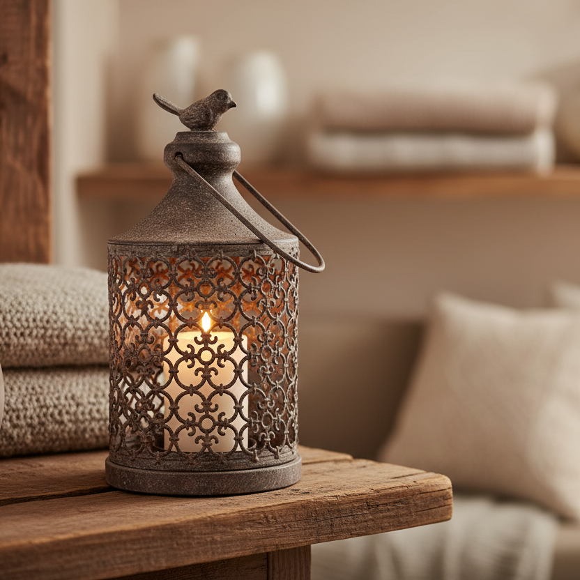 Decorative lantern with a lit candle on a wooden surface in a cozy living room.