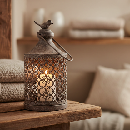 Decorative lantern with a lit candle on a wooden surface in a cozy living room.