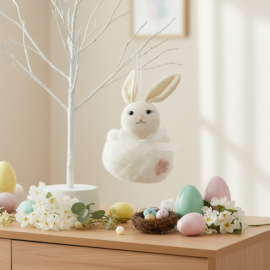 Hanging White Pom Pom Easter Bunny