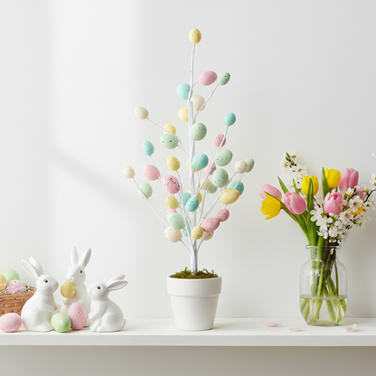 A potted twig tree with pastel rustic speckled eggs, placed in a white ceramic pot.