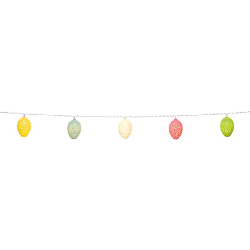 String of colorful Easter egg lights on a white background