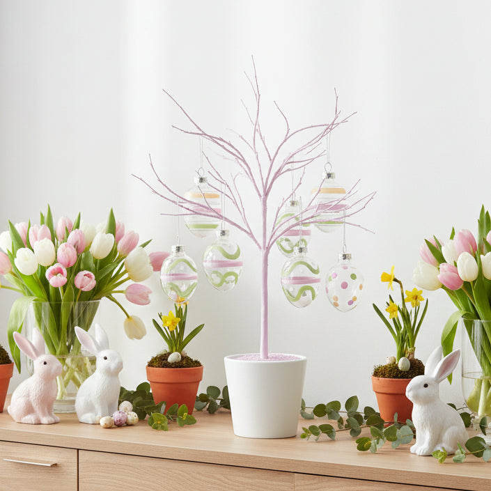 Decorative Easter scene with tulips, rabbits, and a tree on a wooden surface.