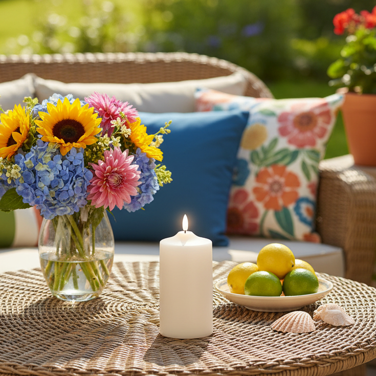 Outdoor setting with a wicker table, flowers, candle, and fruit on a patio.