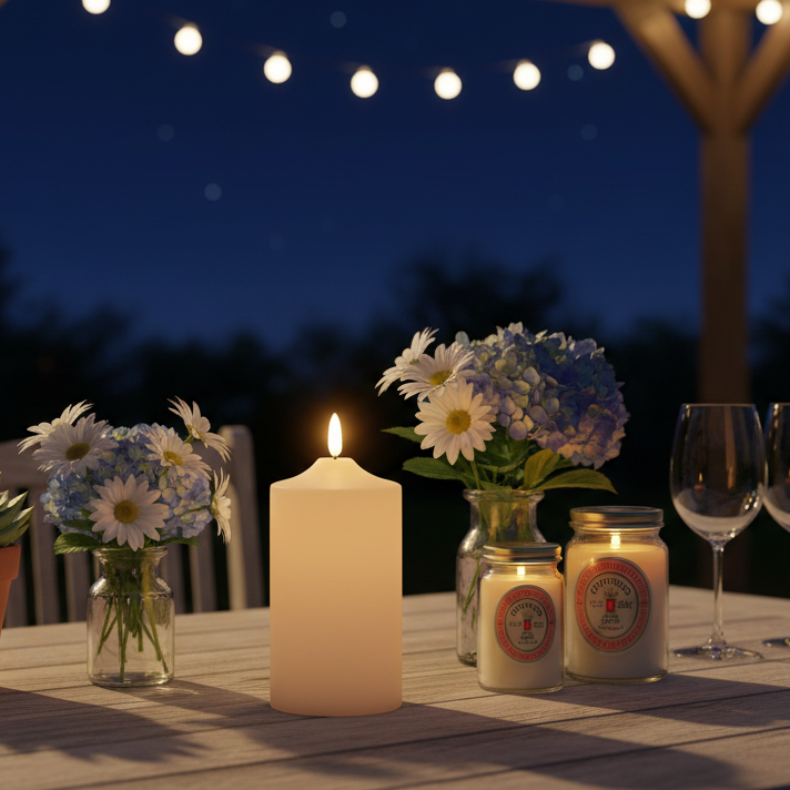 Outdoor evening setting with candles, flowers, and glasses on a table under string lights.