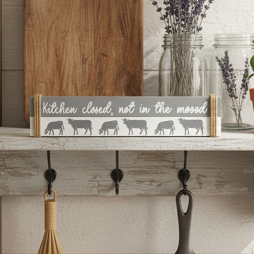 Decorative sign with cow illustrations and text on a wooden shelf with hooks and jars in the background.