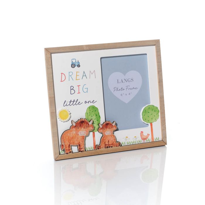Children's photo frame with cartoon animals and 'Dream Big Little One' text on a white background