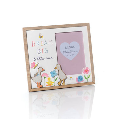 Children's photo frame with 'Dream Big little one' text and geese on a white background