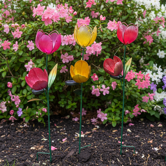 Colorful tulip-shaped solar lights in a garden setting with pink and white flowers in the background.