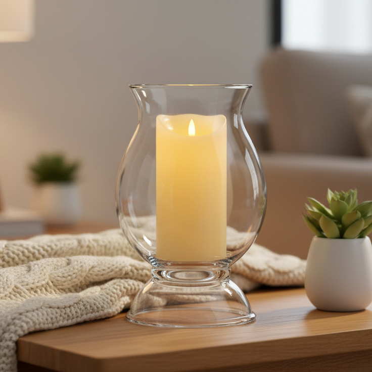 Glass hurricane lamp with a lit candle on a wooden surface in a cozy living room setting.