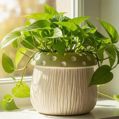 A green mushroom-shaped plant pot with white polka dots, placed on a surface outdoors.