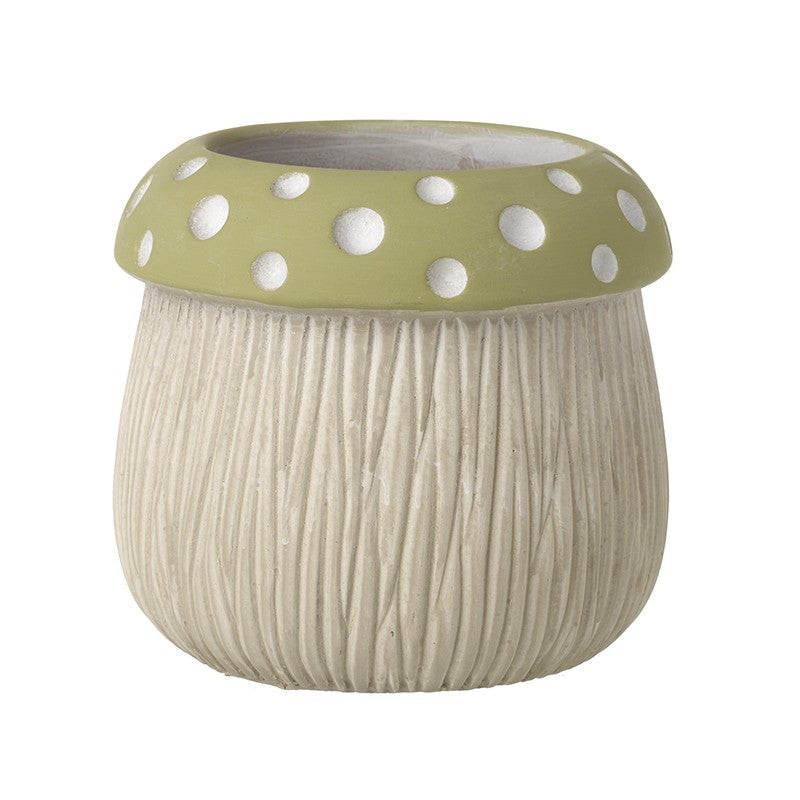 Ceramic planter with textured body and polka dot lid on a white background