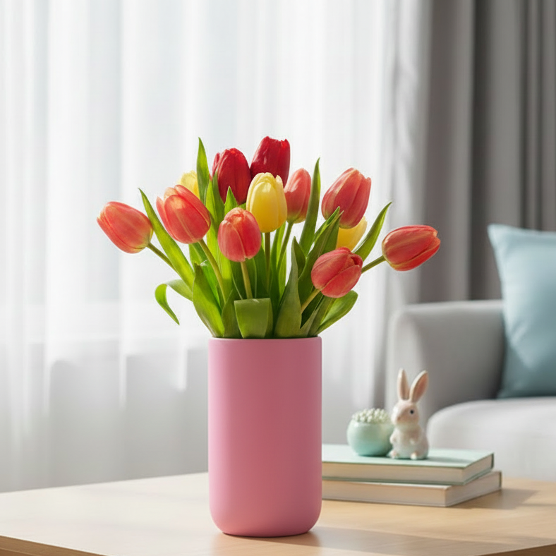Pink vase with red and yellow tulips on a table in a living room setting.