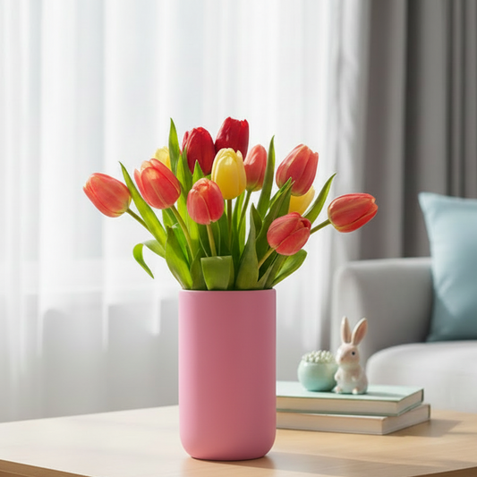 Pink vase with red and yellow tulips on a table in a living room setting.