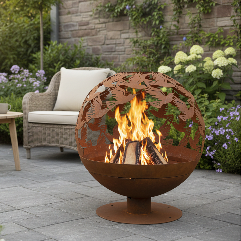 Fallen Fruits Fire Pit Globe with Laser Cut Bird Design
