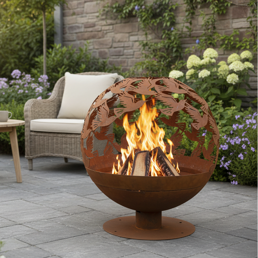 Fallen Fruits Fire Pit Globe with Laser Cut Bird Design