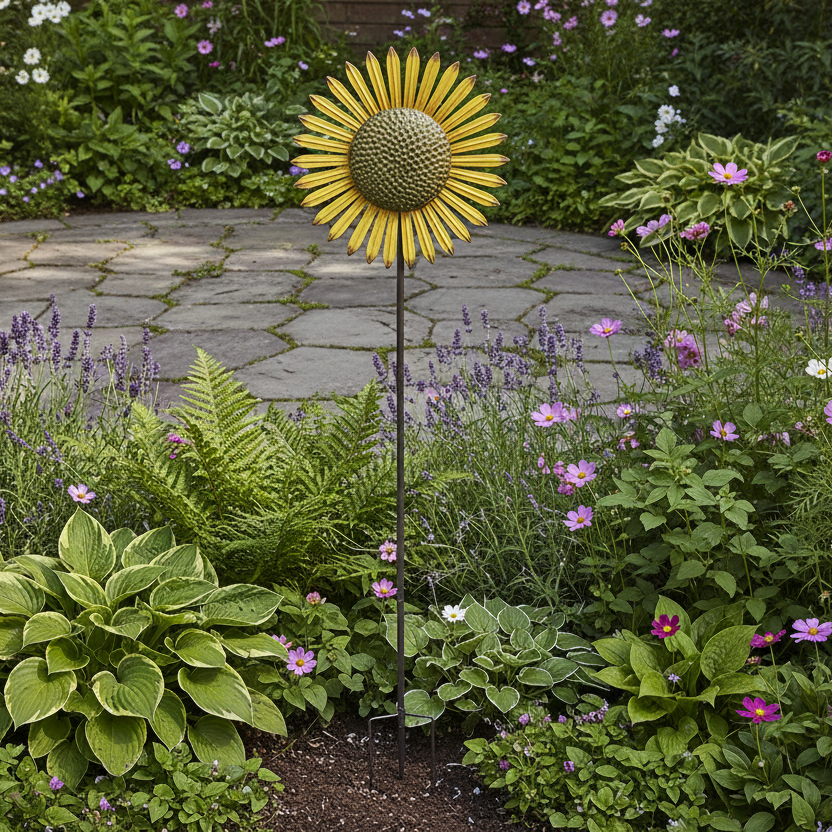Small Metal Sunflower Windmill Stake