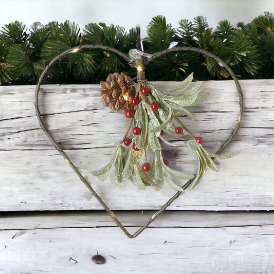 Christmas 25cm Heart with Mistletoe and Red Berries LED Lit