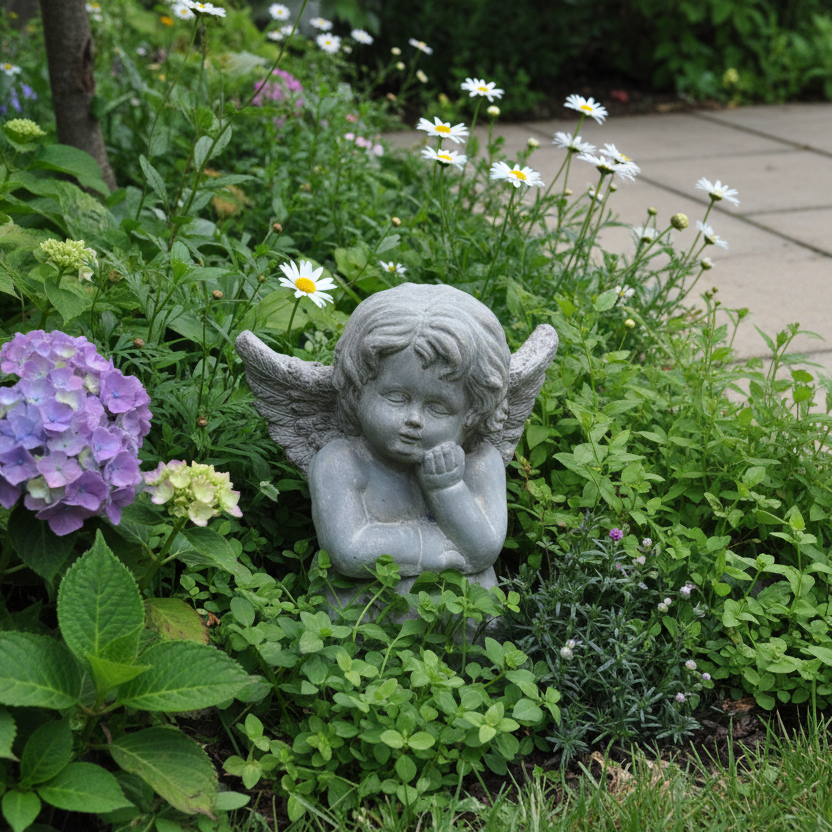 Statue of a cherub in a garden with flowers and plants