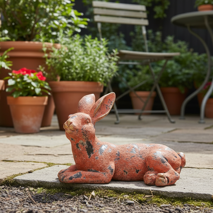 Decorative rabbit statue on a patio with potted plants in the background