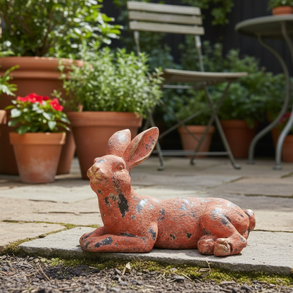 Decorative rabbit statue on a patio with potted plants in the background