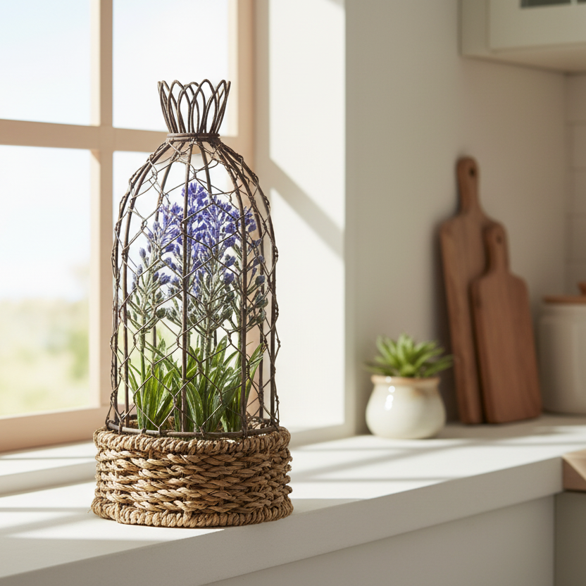 Decorative plant in a woven basket on a windowsill with natural light
