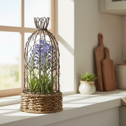 Decorative plant in a woven basket on a windowsill with natural light