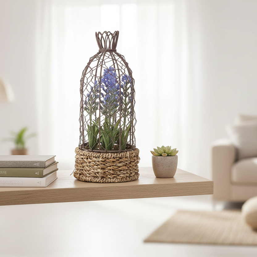 Decorative plant in a woven basket on a shelf in a living room setting