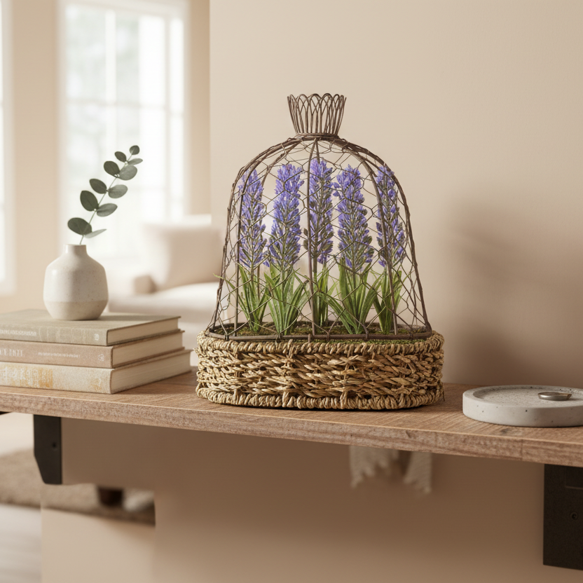 Decorative terrarium with lavender on a wooden shelf in a home setting