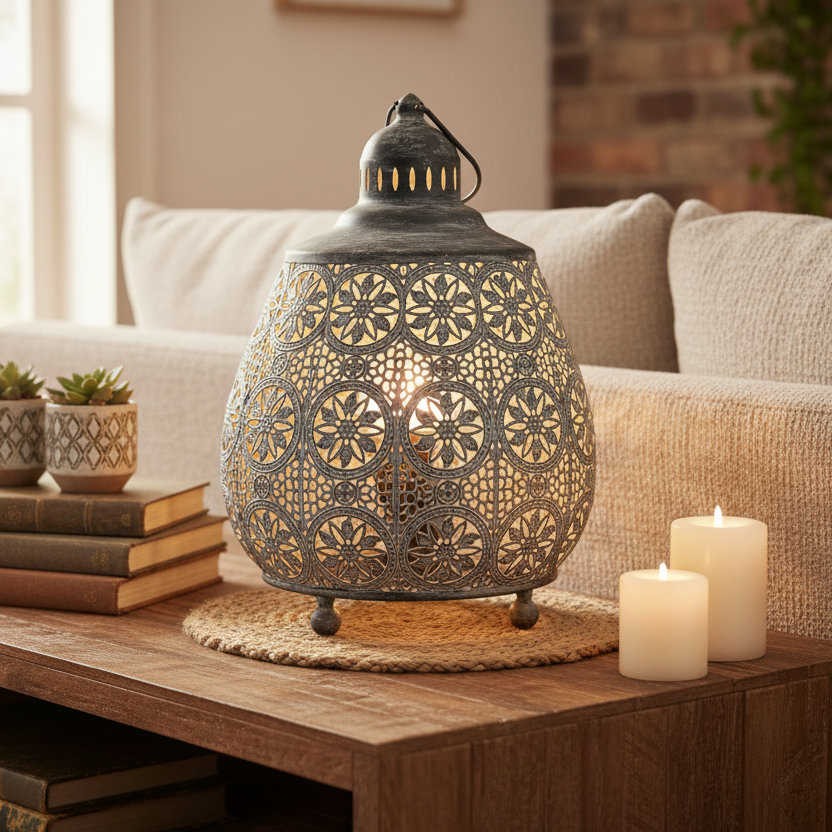 Decorative lantern with intricate patterns on a wooden table in a cozy living room.