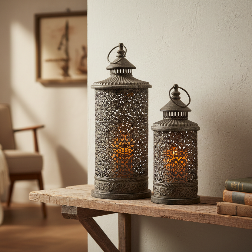 Two ornate lanterns on a wooden table with a blurred background