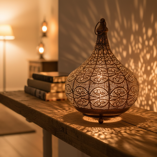 Decorative lantern with intricate patterns on a wooden surface, casting shadows.