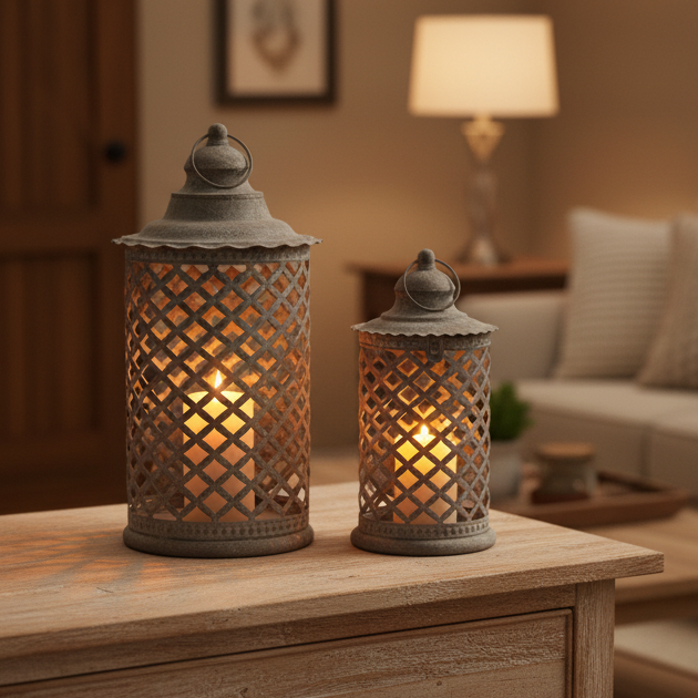 Two lit lanterns on a wooden surface with a cozy living room background.