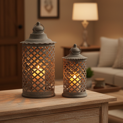 Two lit lanterns on a wooden surface with a cozy living room background.