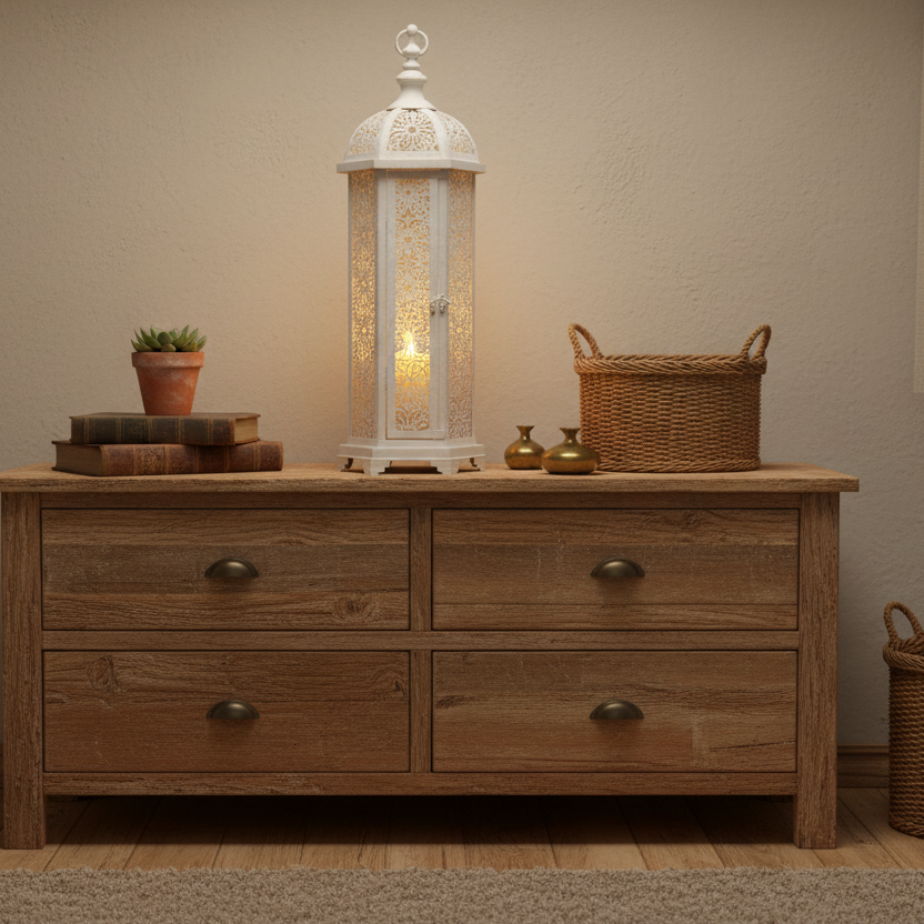 Wooden dresser with decorative items including a lantern, books, and a basket on a neutral background.