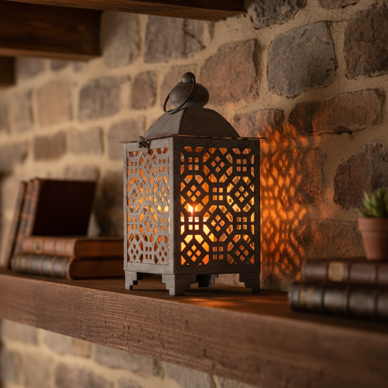 Decorative lantern on a wooden shelf with a stone wall background
