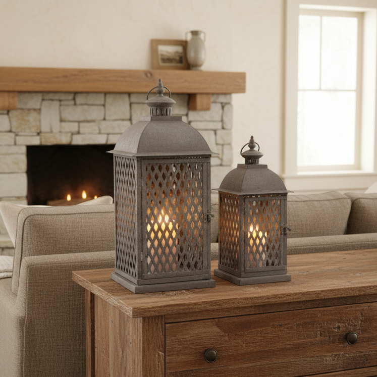 Two lanterns on a wooden table in a living room with a fireplace.