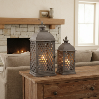 Two lanterns on a wooden table in a living room with a fireplace.