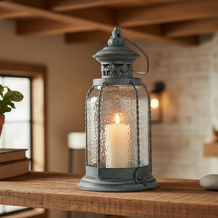 Decorative lantern with a candle on a wooden surface in a warm interior setting