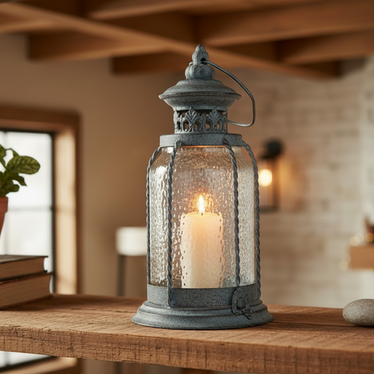 Decorative lantern with a candle on a wooden surface in a warm interior setting
