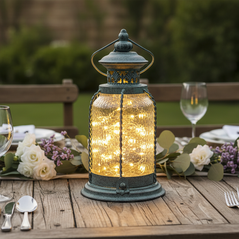 Decorative lantern with string lights on a table set for dinner outdoors.